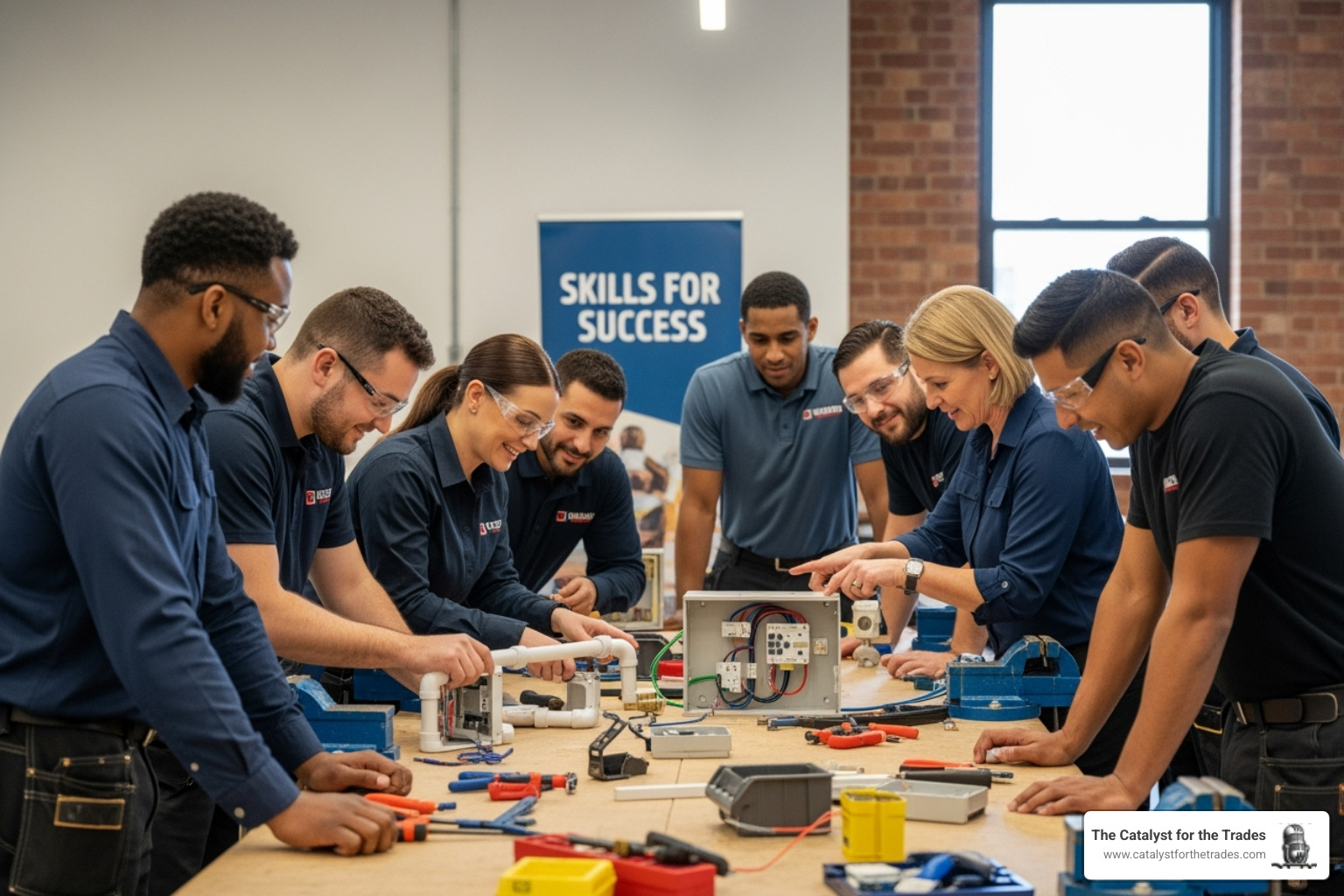 a diverse group of tradespeople in a positive training environment - home service business growth