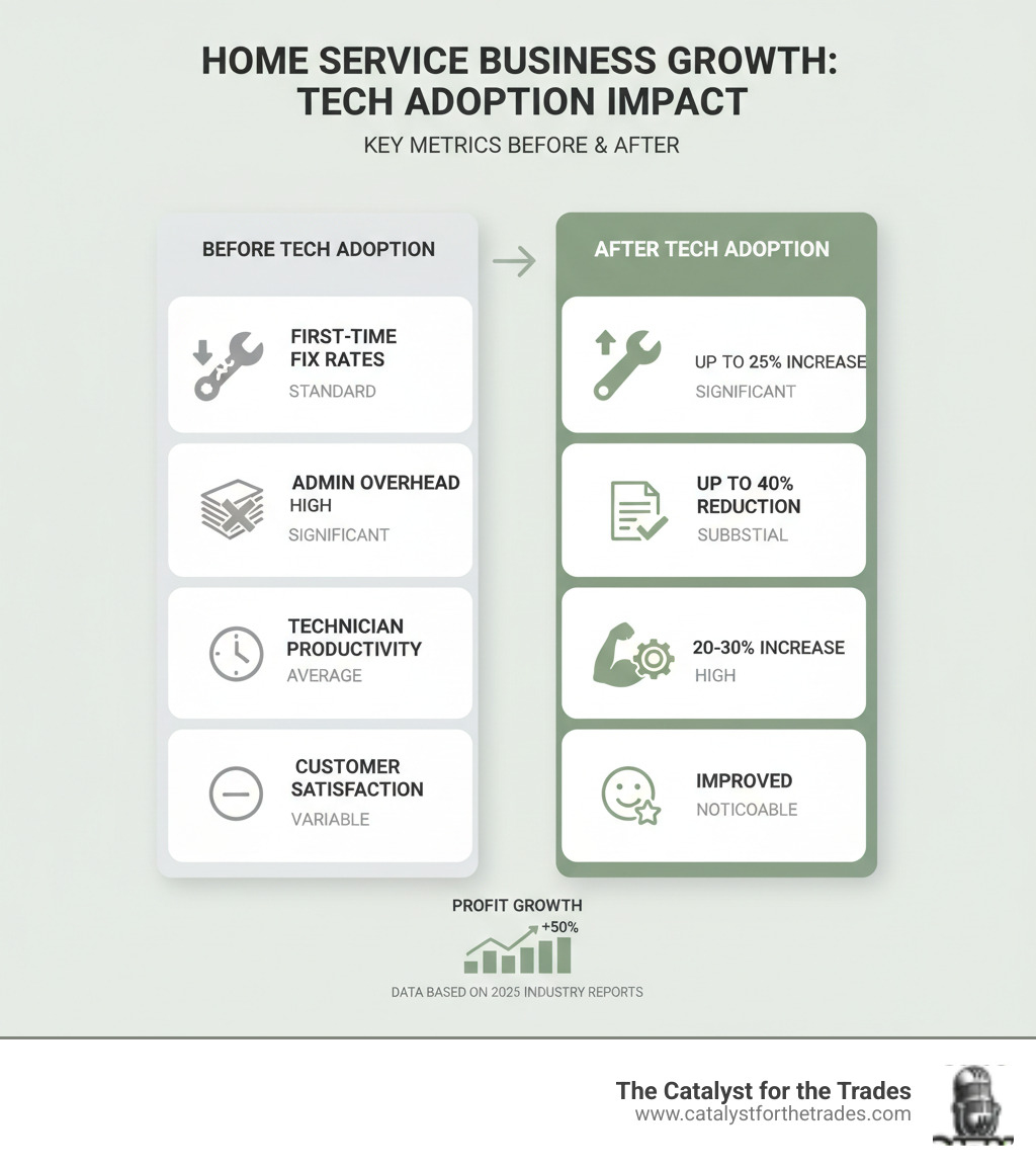 Table comparing key metrics before and after tech adoption (First-time fix rates, Admin overhead, Technician productivity, Customer satisfaction) - home service business growth infographic 