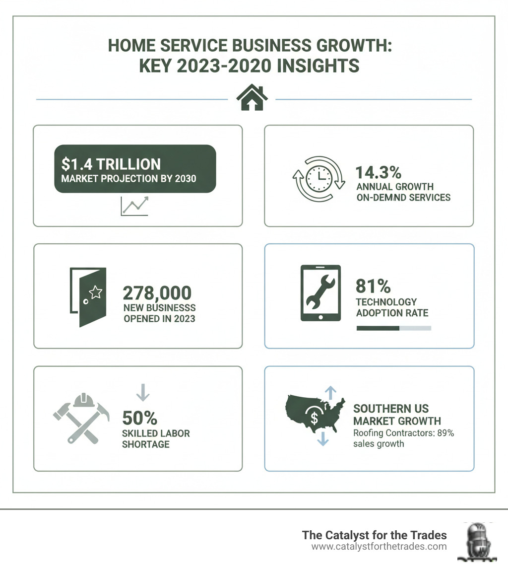 Comprehensive infographic showing home service business growth statistics including the $1.4 trillion market projection by 2030, 14.3% annual growth rate for on-demand services, 278,000 new businesses opened in 2023, 81% technology adoption rate, 50% skilled labor shortage, and key regional growth data for Southern US markets - home service business growth infographic 