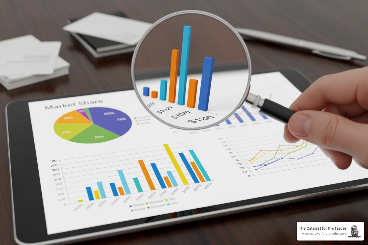 A magnifying glass hovering over business data charts, indicating detailed analysis - business strategy development