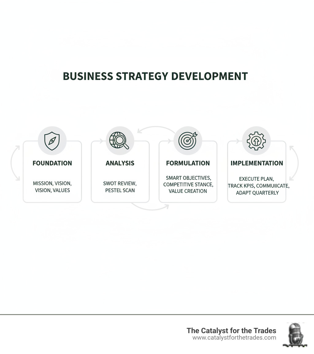 Business Strategy Development Process: Four key phases shown - Foundation (Define mission, vision, values), Analysis (Internal SWOT review and external market scan using PESTEL), Formulation (Set SMART objectives, choose competitive stance, identify value creation), Implementation (Execute plan, track KPIs, communicate to team, adapt quarterly) - business strategy development infographic 