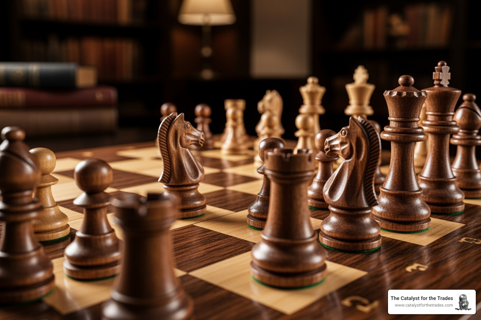 A chess board with pieces in strategic positions, symbolizing thoughtful strategy formulation - business strategy development