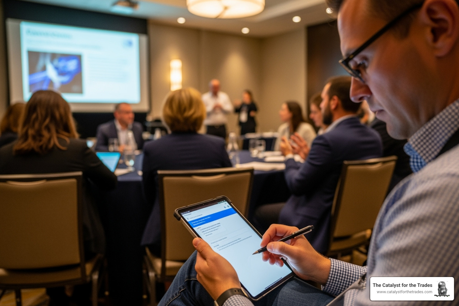 An attendee taking notes on a tablet during a breakout session at a conference - leadership conferences