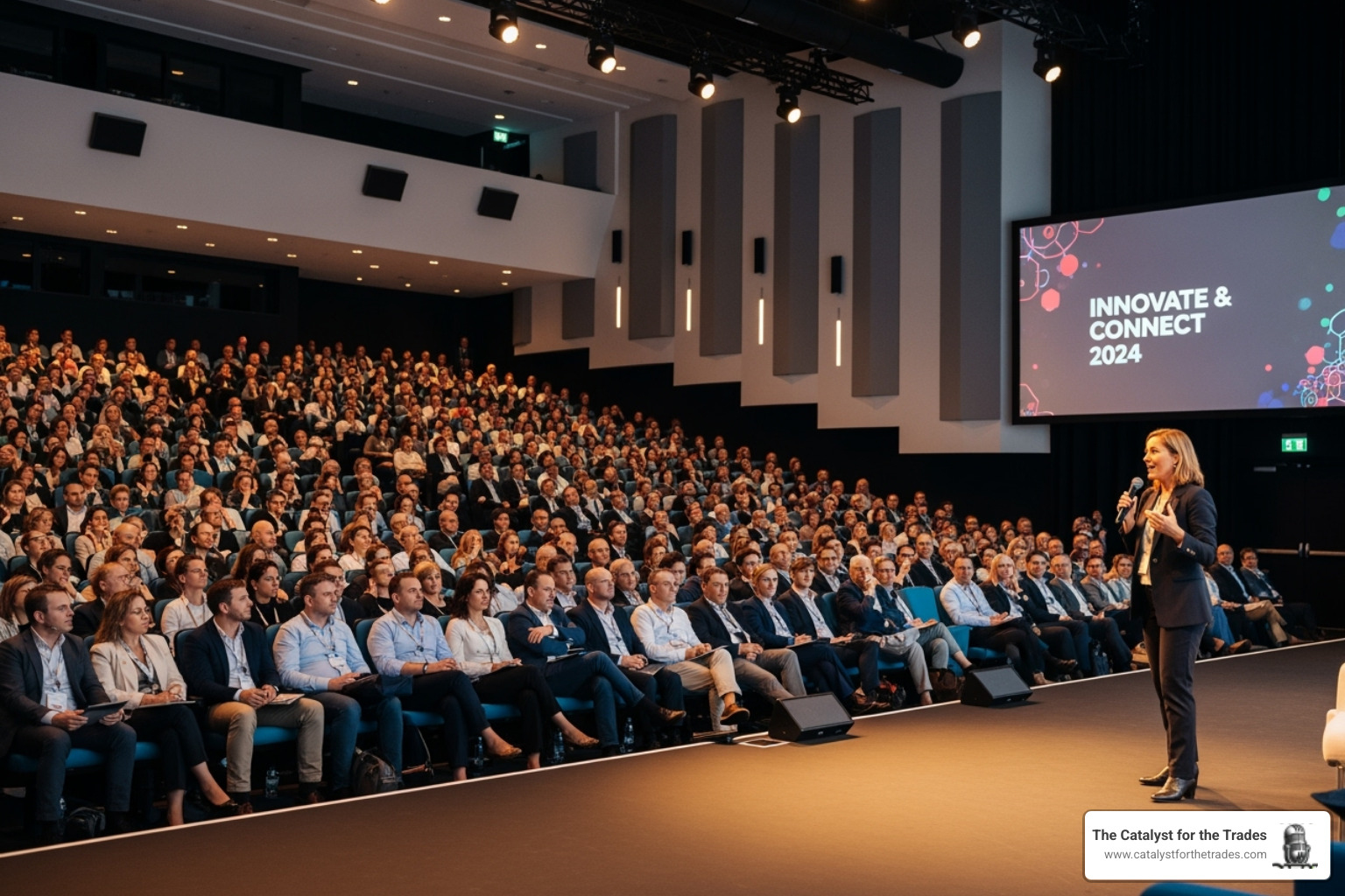 A large, engaged audience in a conference auditorium, with stage lights illuminating a speaker - leadership conferences