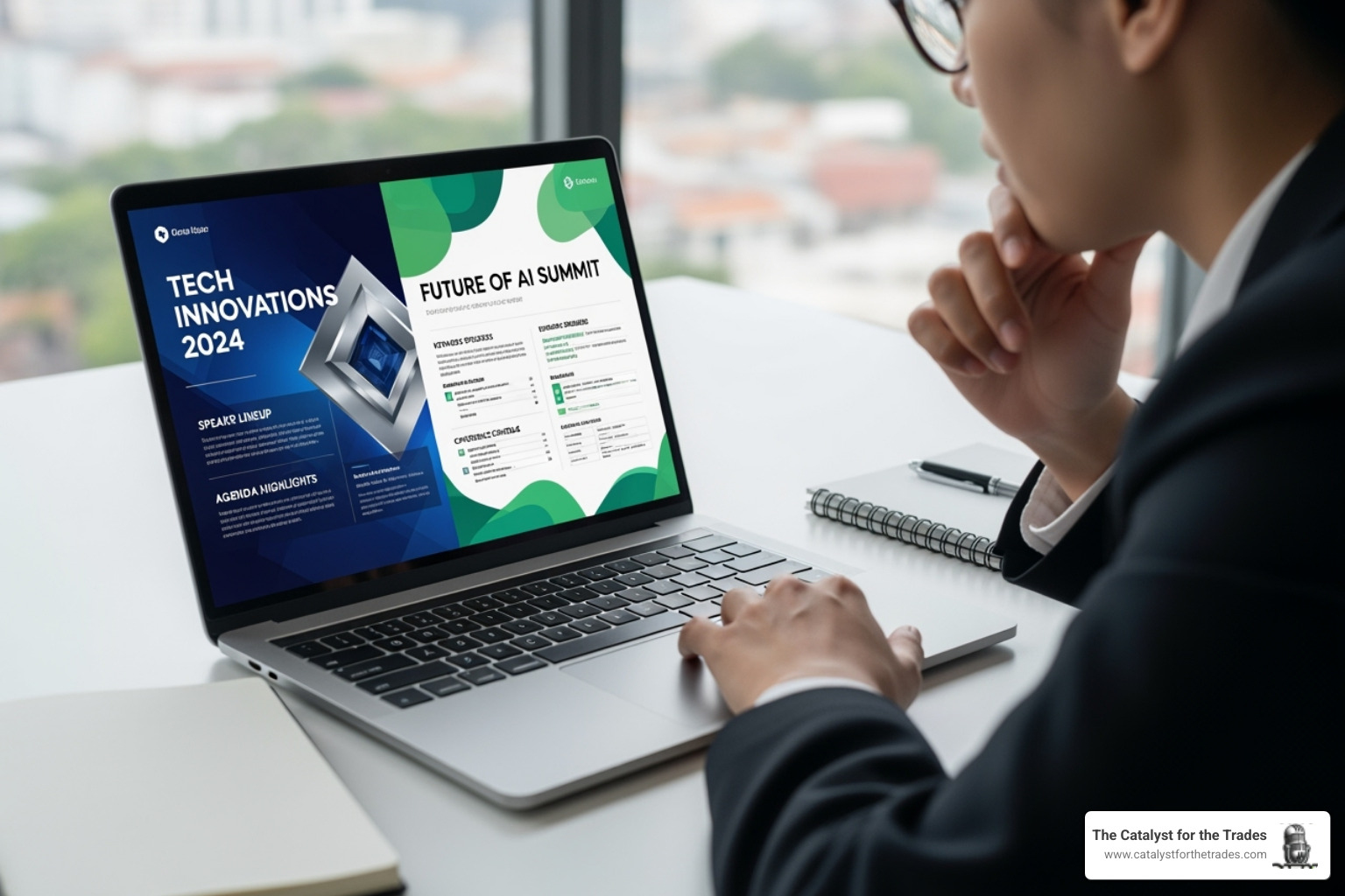 A person comparing two different conference brochures on a laptop screen, highlighting speaker lists and agendas - leadership conferences