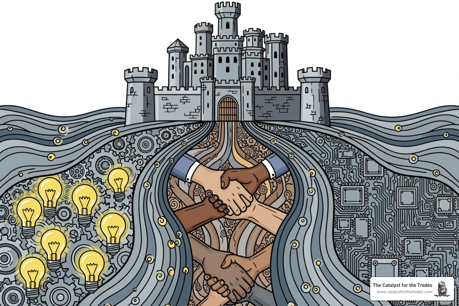 A stylized image of a castle with a wide moat, representing a business with a strong, sustainable competitive advantage. The moat is filled with various elements like "Innovation," "Brand Loyalty," "Proprietary Tech," and "Operational Efficiency." - competitive strategy A stylized image of a castle with a wide moat, representing a business with a strong, sustainable competitive advantage. The moat is filled with various elements like "Innovation," "Brand Loyalty," "Proprietary Tech," and "Operational Efficiency." - competitive strategy
