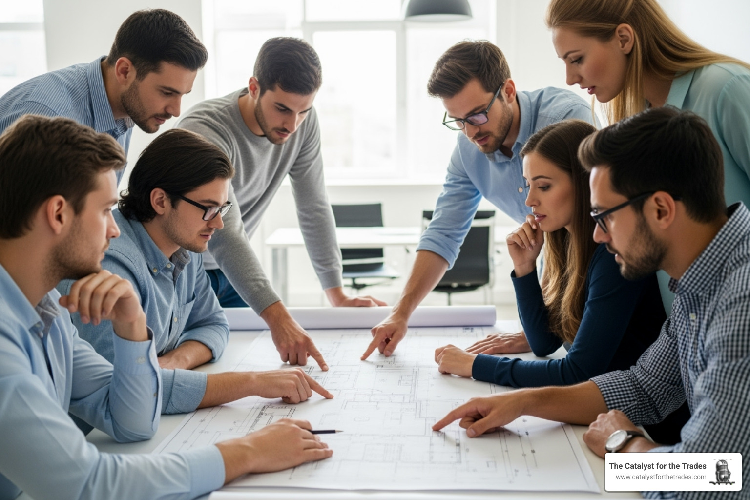 Diverse team members collaboratively reviewing a blueprint for a home service project - succession planning