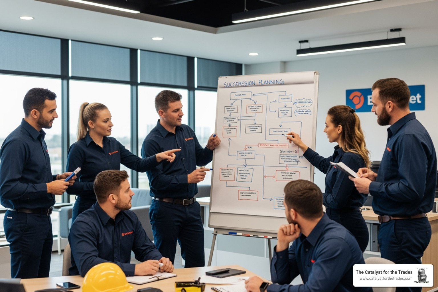 Trades team discussing a succession planning flowchart on a whiteboard - succession planning