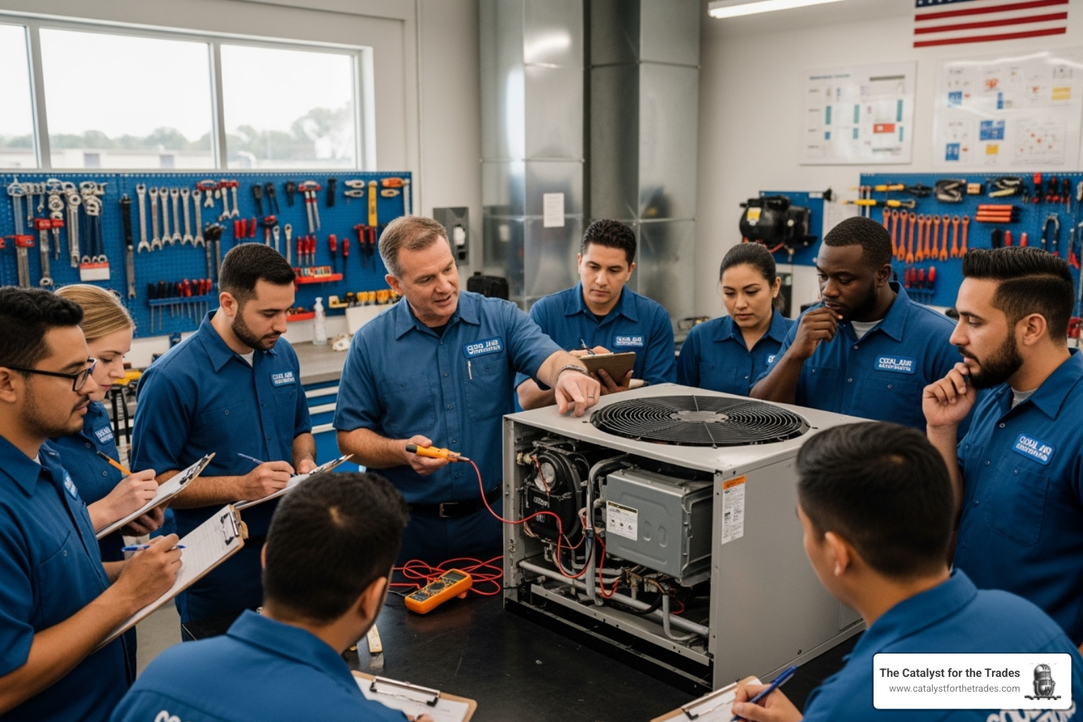 A diverse group of HVAC technicians in a positive training environment, actively engaged in a hands-on learning session. - hvac business operations A diverse group of HVAC technicians in a positive training environment, actively engaged in a hands-on learning session. - hvac business operations