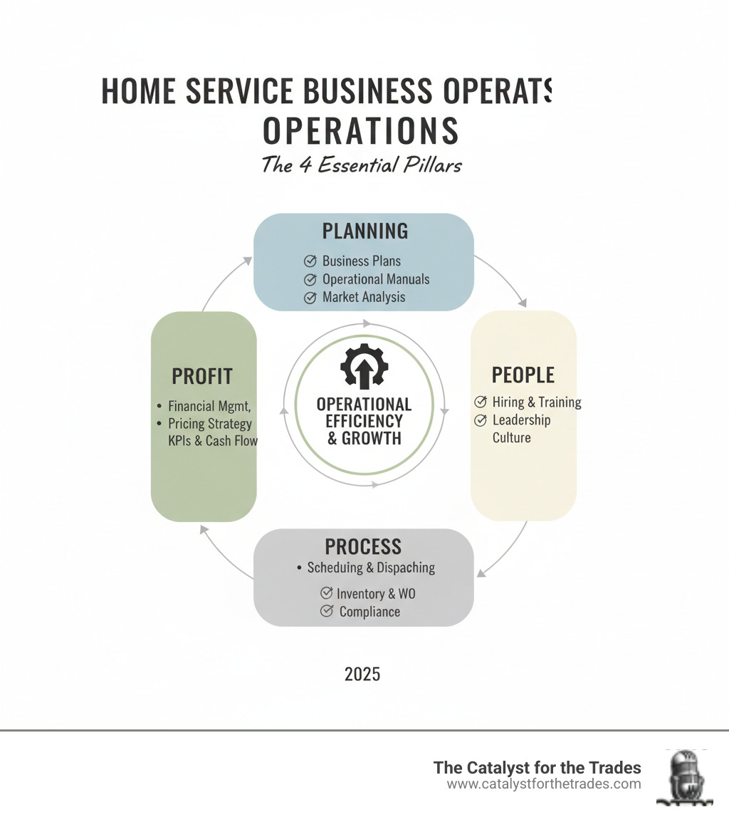 Infographic showing the four core pillars of home service business operations: Planning (business plans, operational manuals, market analysis), People (hiring, training, leadership, culture), Process (scheduling, dispatching, inventory, work orders, compliance), and Profit (financial management, pricing, KPIs, cash flow). Each pillar includes 3-5 key action items and connects to show how they work together to create operational efficiency and business growth. - hvac business operations infographic Infographic showing the four core pillars of home service business operations: Planning (business plans, operational manuals, market analysis), People (hiring, training, leadership, culture), Process (scheduling, dispatching, inventory, work orders, compliance), and Profit (financial management, pricing, KPIs, cash flow). Each pillar includes 3-5 key action items and connects to show how they work together to create operational efficiency and business growth. - hvac business operations infographic