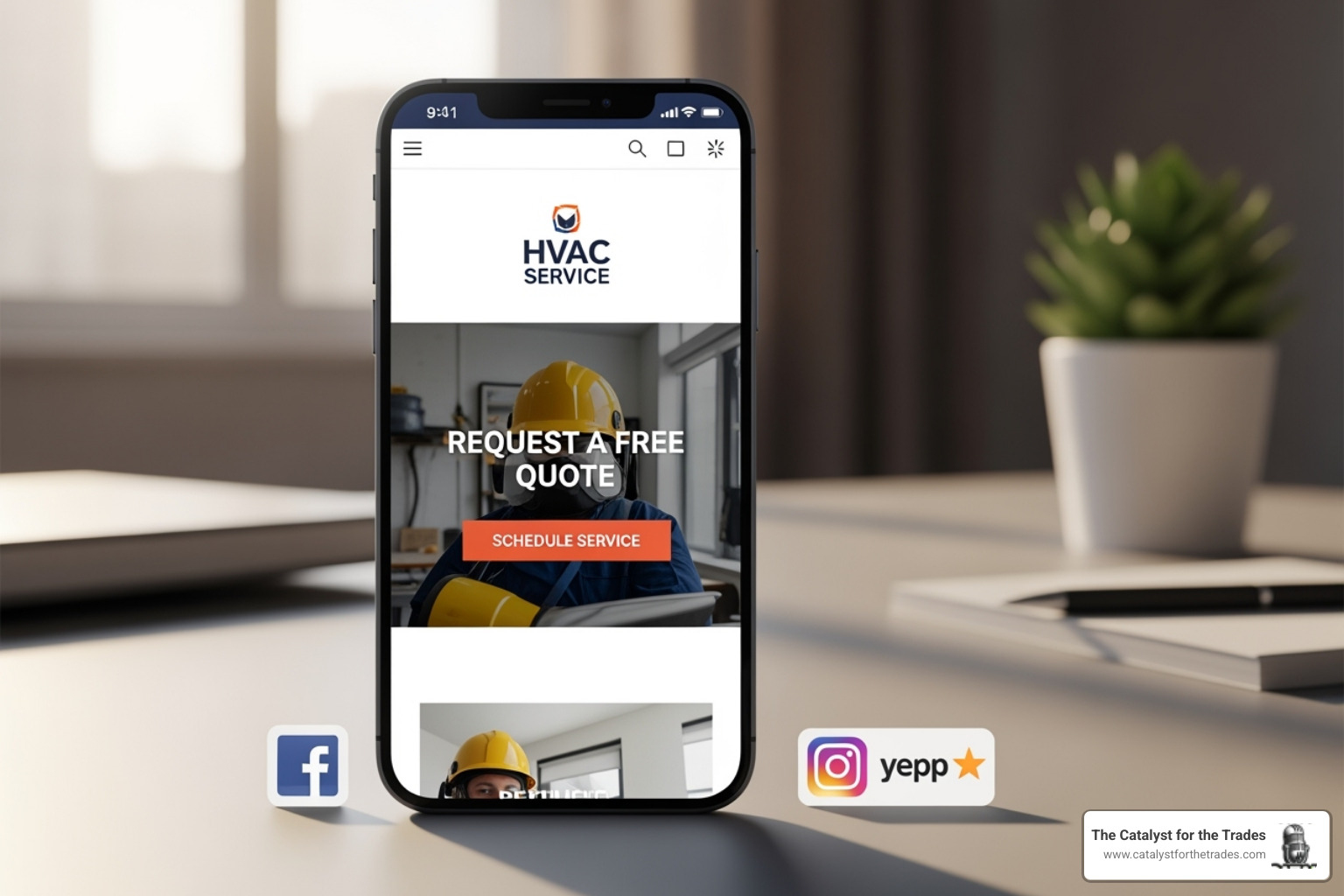 A smartphone displaying a local HVAC company's website with a clear call to action, alongside social media icons for Facebook, Instagram, and Yelp. - hvac business operations A smartphone displaying a local HVAC company's website with a clear call to action, alongside social media icons for Facebook, Instagram, and Yelp. - hvac business operations