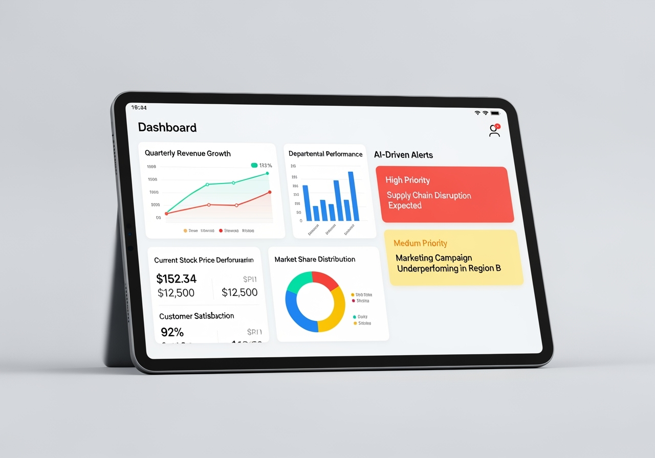 clean, modern dashboard on a tablet showing real-time business metrics and AI-driven alerts - ai decision making tools