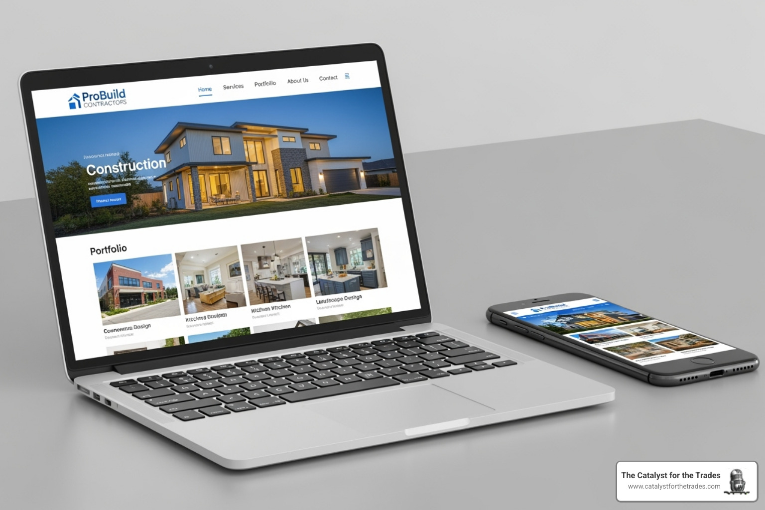 A professional contractor website displayed on a laptop and smartphone, showcasing a clean design and portfolio images - contractor business strategy A professional contractor website displayed on a laptop and smartphone, showcasing a clean design and portfolio images - contractor business strategy