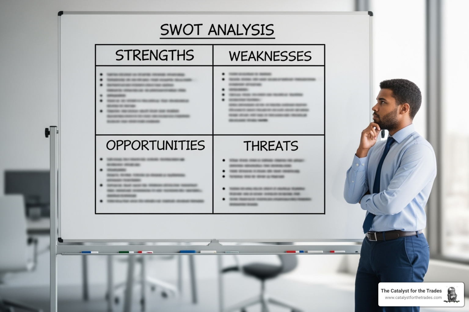 A whiteboard with a SWOT analysis for a contracting business, showing sections for Strengths, Weaknesses, Opportunities, and Threats - contractor business strategy A whiteboard with a SWOT analysis for a contracting business, showing sections for Strengths, Weaknesses, Opportunities, and Threats - contractor business strategy