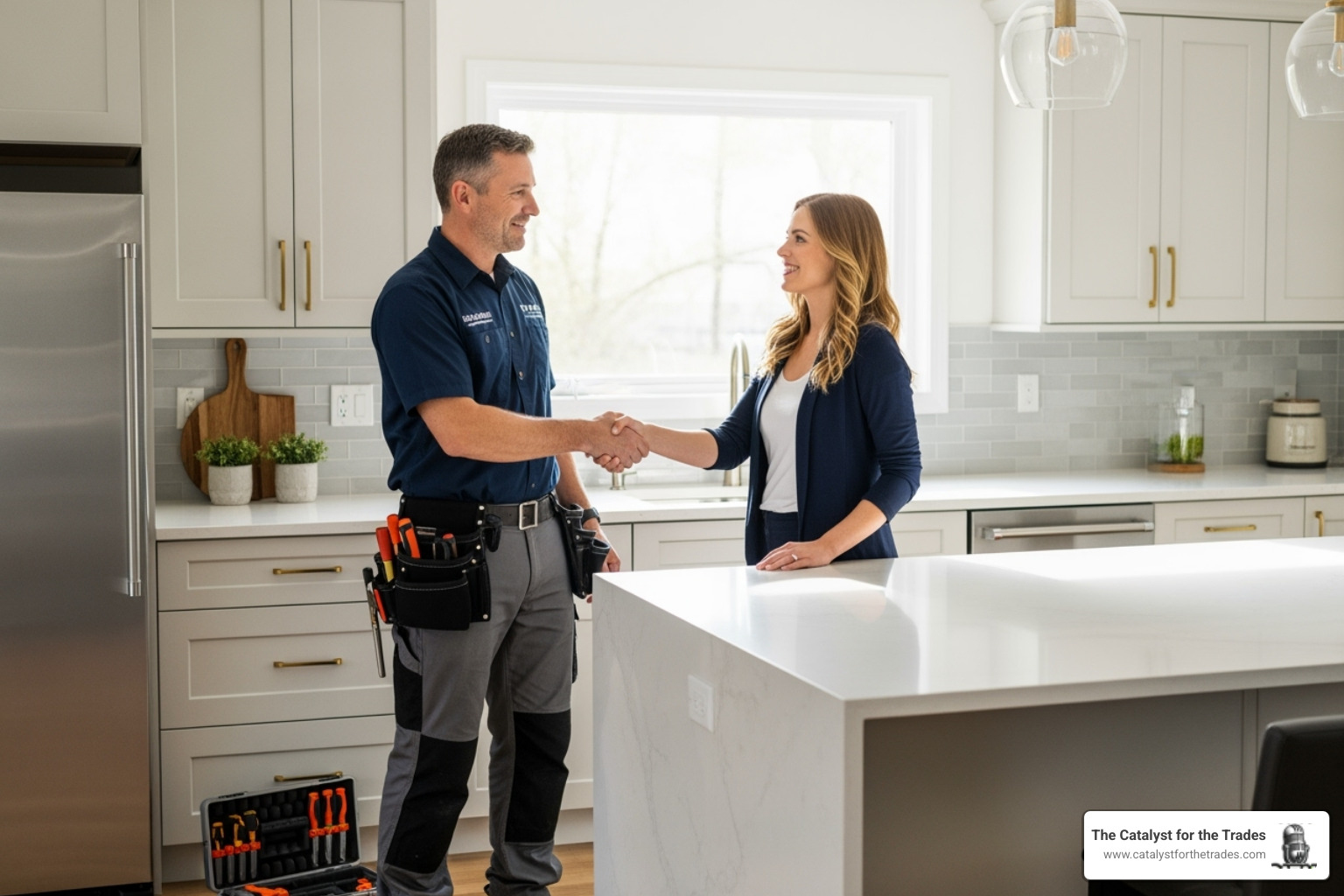 A contractor and a client shaking hands in a newly renovated kitchen, symbolizing successful project completion and client satisfaction - contractor business strategy A contractor and a client shaking hands in a newly renovated kitchen, symbolizing successful project completion and client satisfaction - contractor business strategy