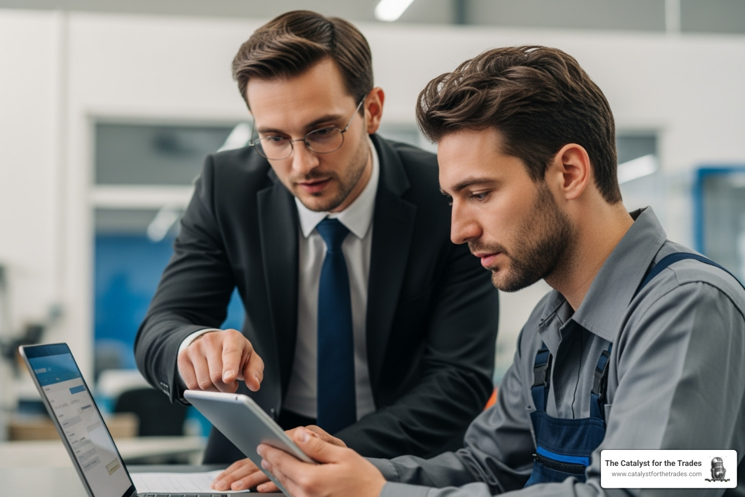 manager helping technician with new software - technology implementation