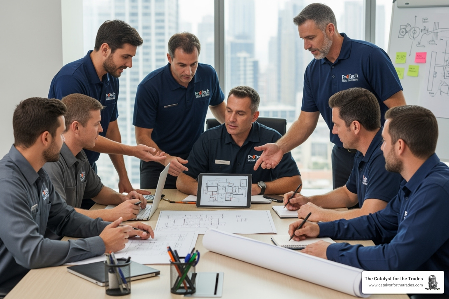 team of trade professionals brainstorming - technology implementation