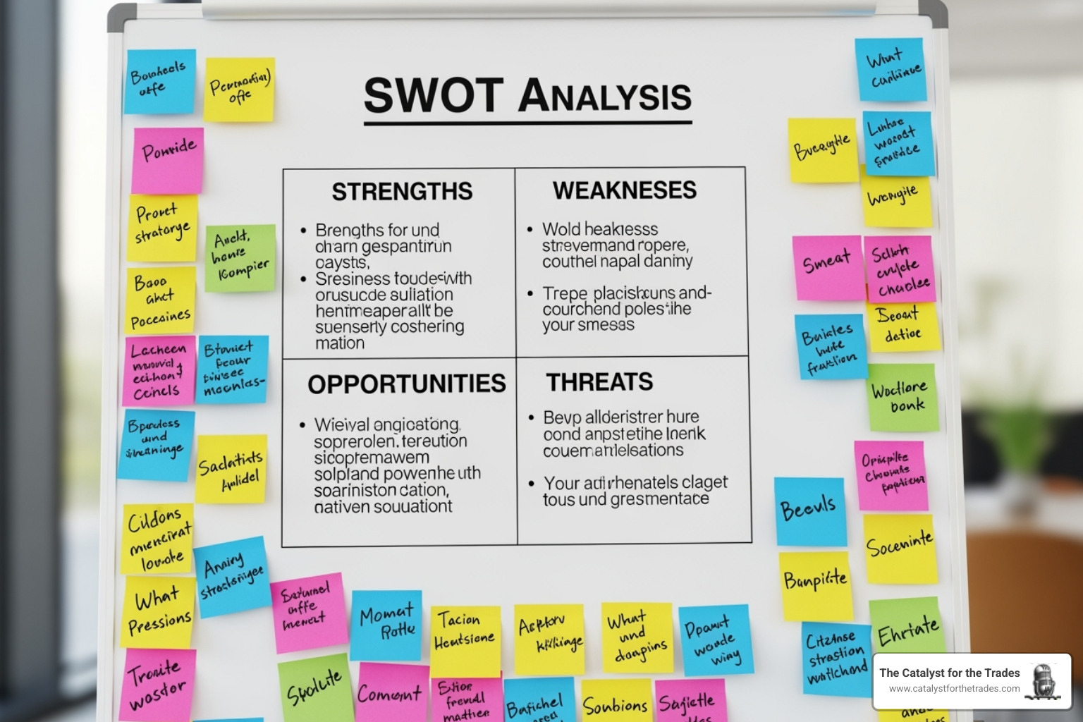 A whiteboard showing a SWOT analysis with strengths, weaknesses, opportunities, and threats, surrounded by sticky notes with strategic ideas - business development A whiteboard showing a SWOT analysis with strengths, weaknesses, opportunities, and threats, surrounded by sticky notes with strategic ideas - business development