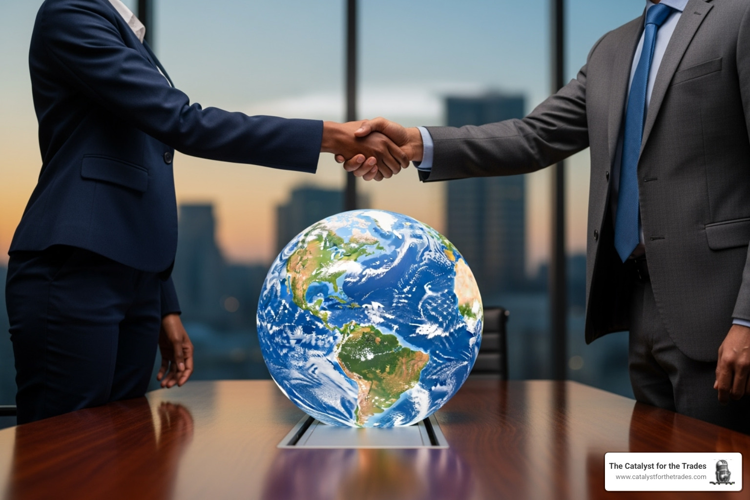 Two diverse business people shaking hands over a globe, symbolizing ethical global partnerships and cultural understanding - business development Two diverse business people shaking hands over a globe, symbolizing ethical global partnerships and cultural understanding - business development
