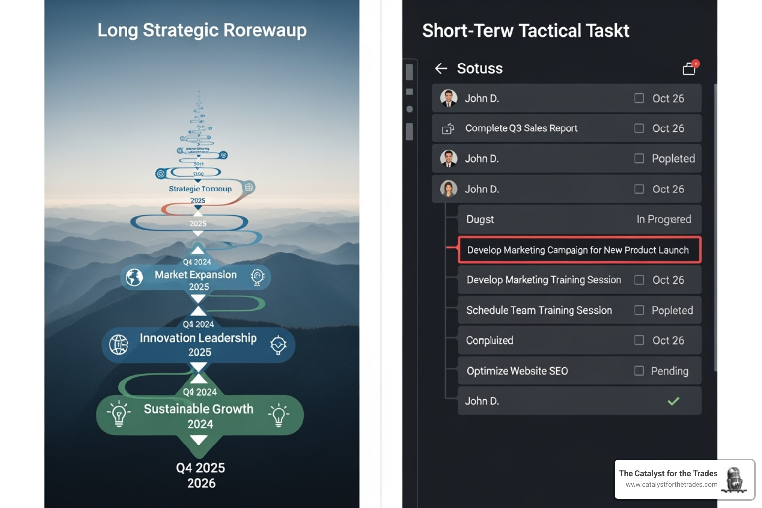 Image of a split-screen showing a long-term roadmap (Strategic) and a short-term task list (Tactical) - competitive intelligence Image of a split-screen showing a long-term roadmap (Strategic) and a short-term task list (Tactical) - competitive intelligence