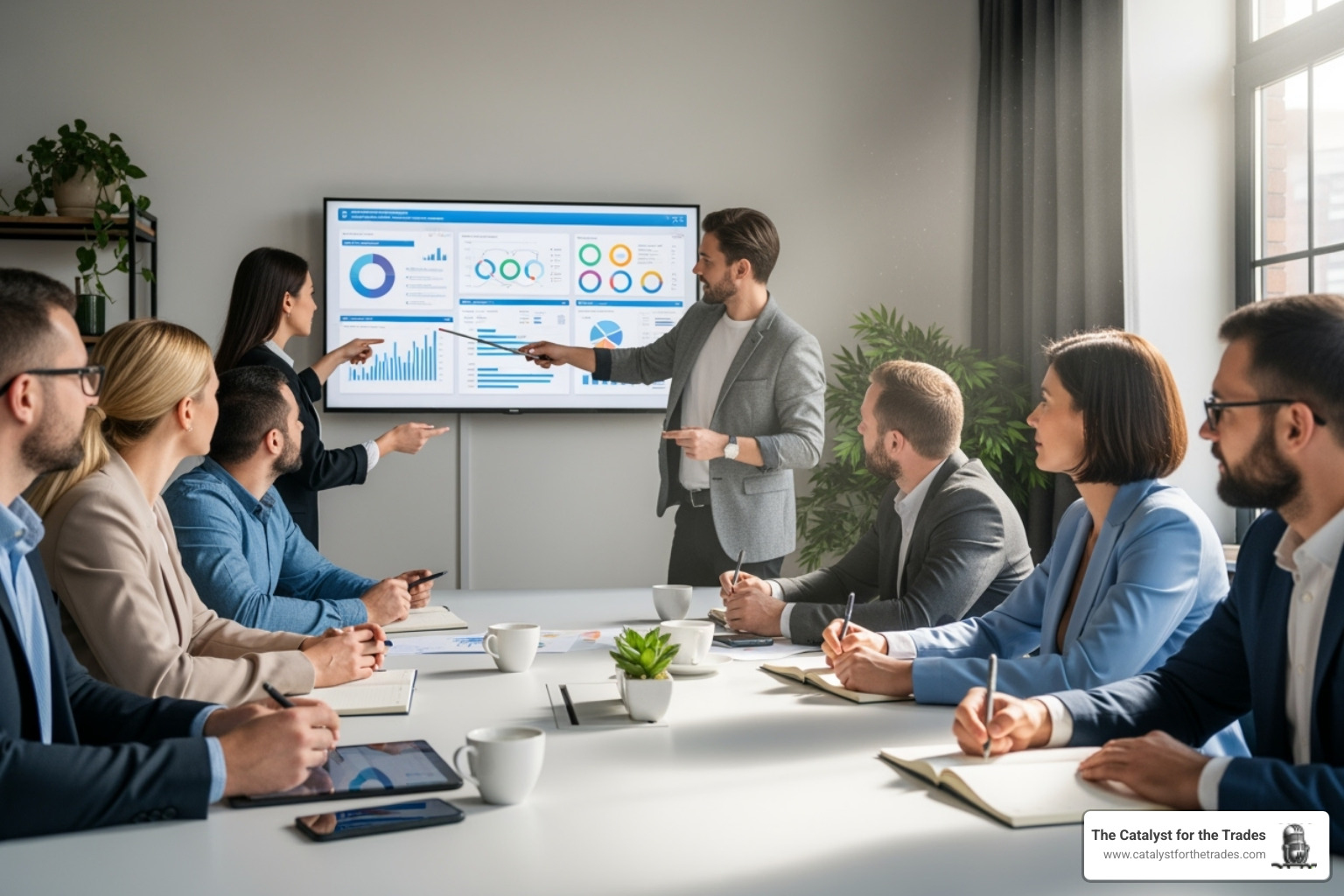Image of a team in a meeting looking at charts and graphs, making strategic decisions - competitive intelligence Image of a team in a meeting looking at charts and graphs, making strategic decisions - competitive intelligence