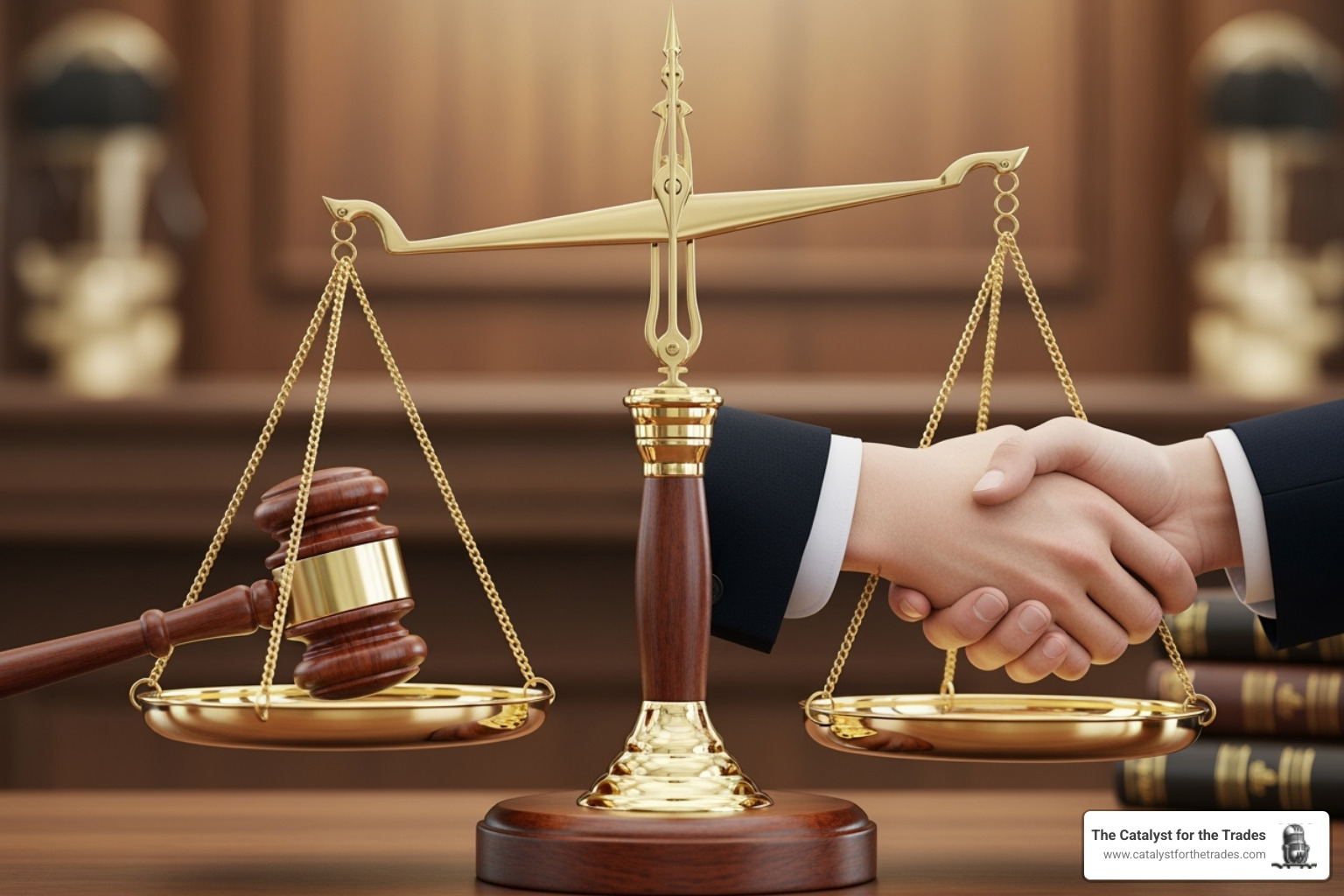 Image of a scale balancing a gavel (legal) and a handshake (ethical) - competitive intelligence Image of a scale balancing a gavel (legal) and a handshake (ethical) - competitive intelligence