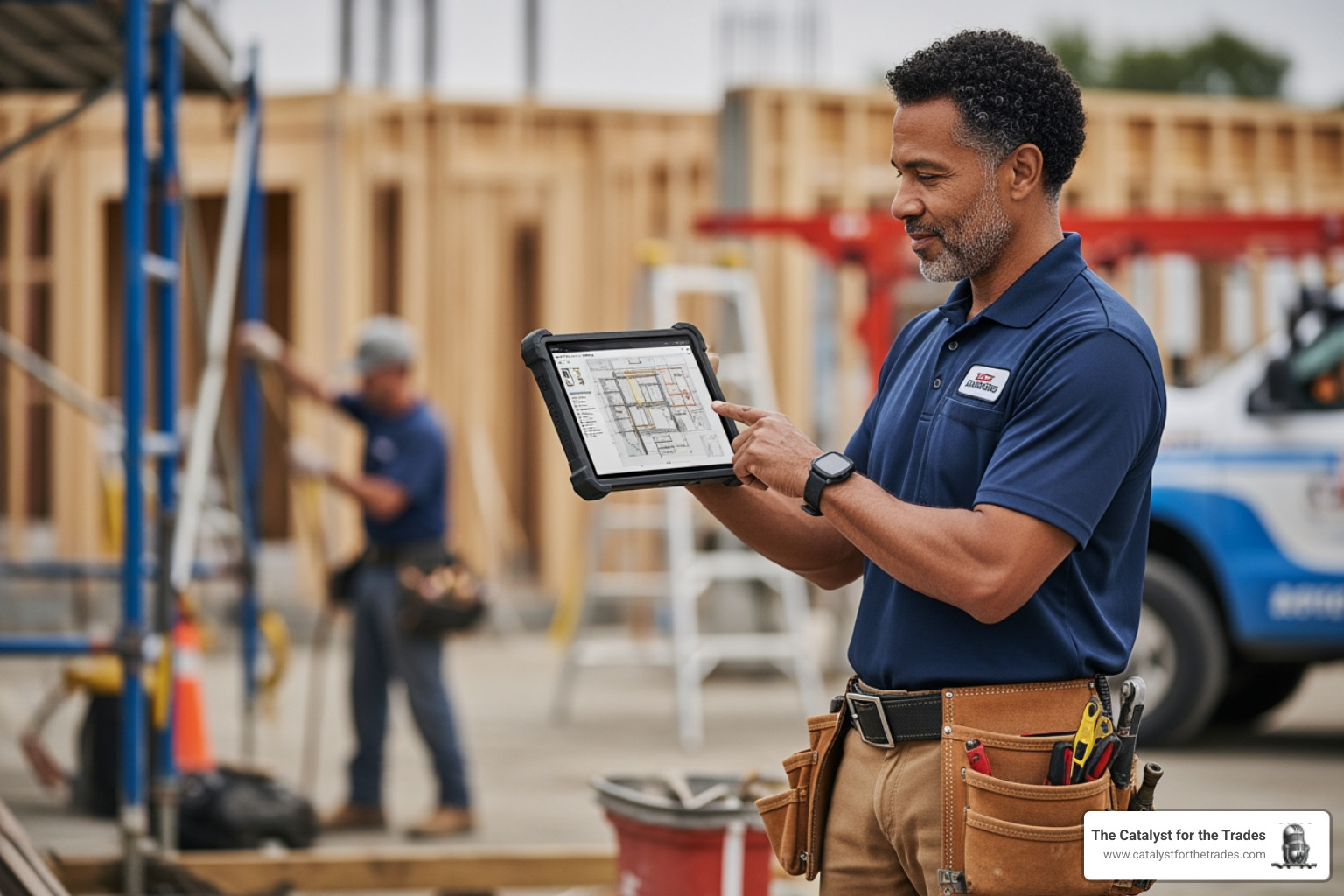 A trades leader using a tablet to manage a project on-site, with digital schematics visible and a team member in the background. - organizational leadership A trades leader using a tablet to manage a project on-site, with digital schematics visible and a team member in the background. - organizational leadership