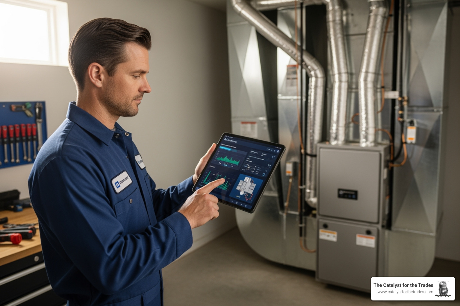 A technician using a tablet with AI-driven diagnostic software to analyze a home's HVAC system - professional development A technician using a tablet with AI-driven diagnostic software to analyze a home's HVAC system - professional development