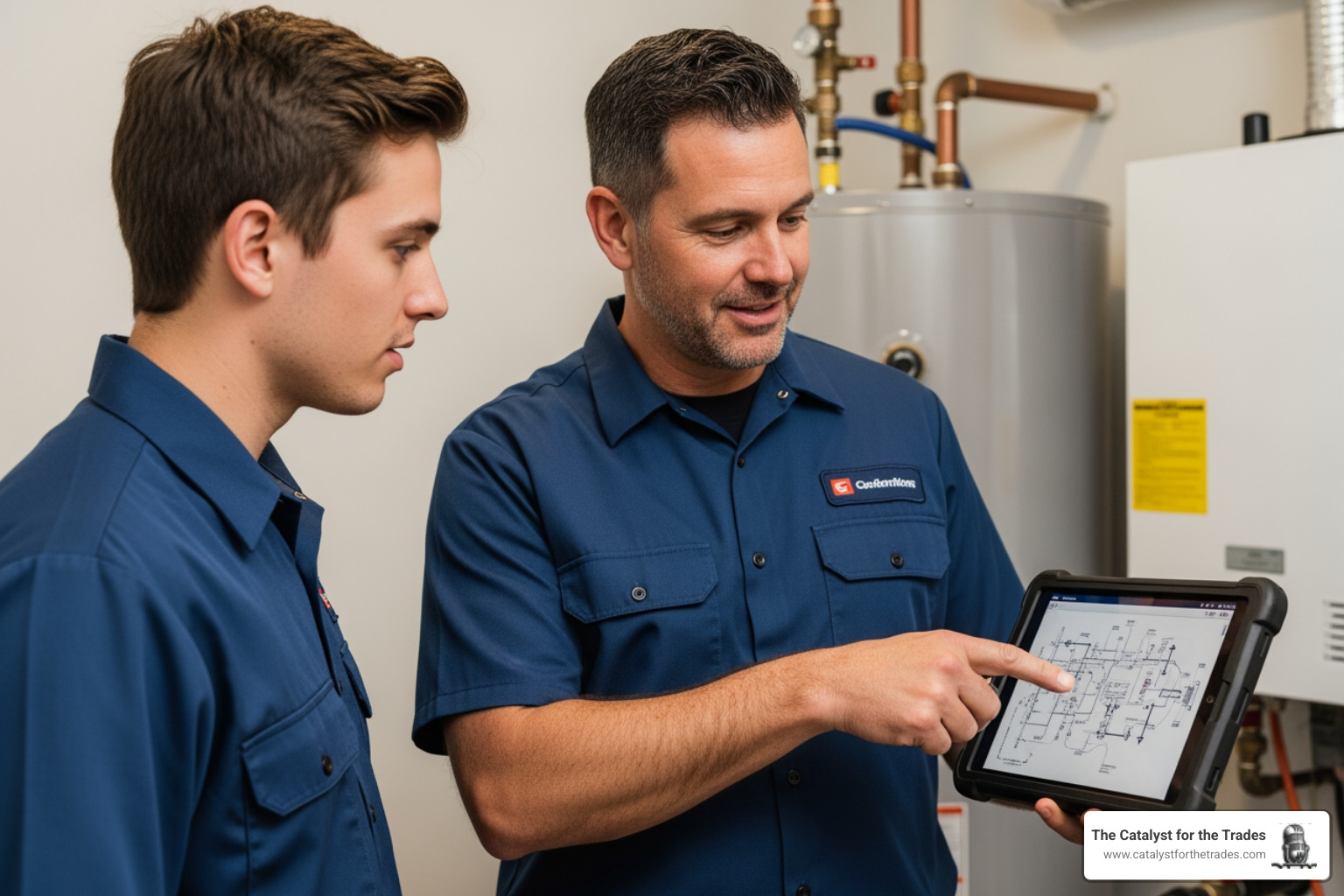 A trades professional mentoring a junior technician on-site, pointing to a diagram on a tablet while discussing a technical aspect - professional development A trades professional mentoring a junior technician on-site, pointing to a diagram on a tablet while discussing a technical aspect - professional development