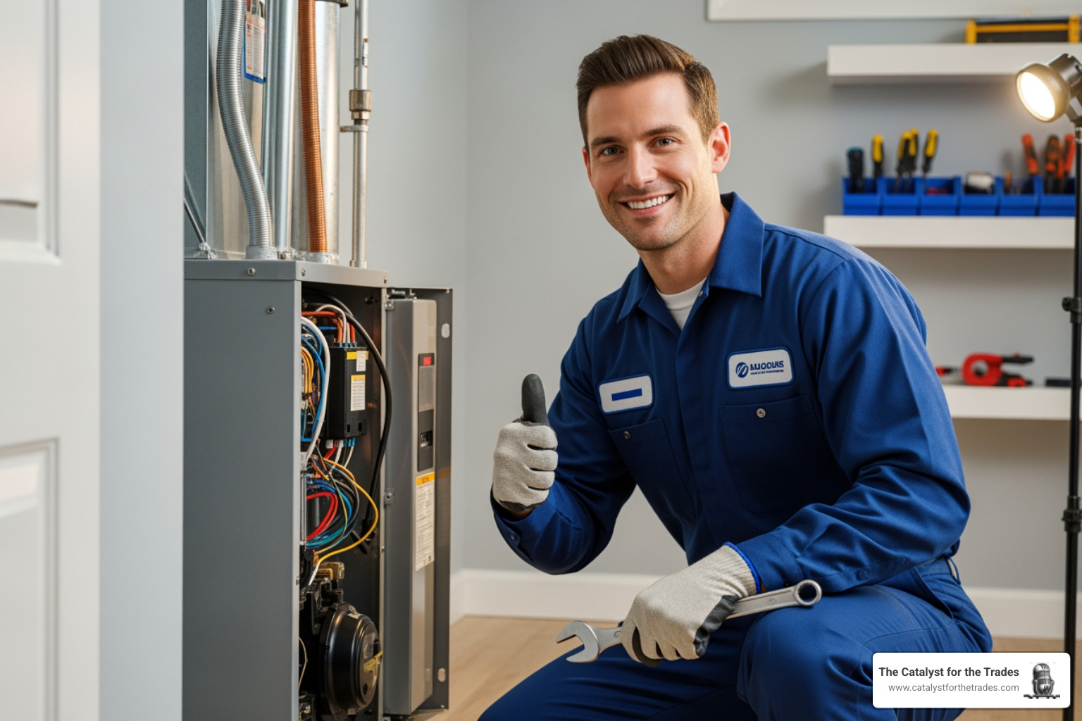 A confident technician successfully completing a complex job, smiling as they finalize their work on a home's HVAC system - professional development A confident technician successfully completing a complex job, smiling as they finalize their work on a home's HVAC system - professional development