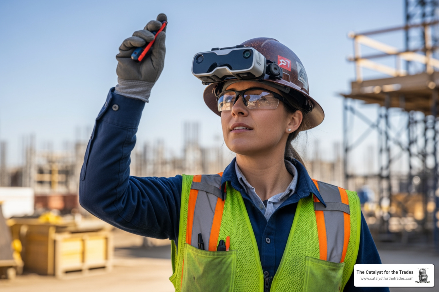 female trades leader using AR glasses on a job site - trades leadership development female trades leader using AR glasses on a job site - trades leadership development
