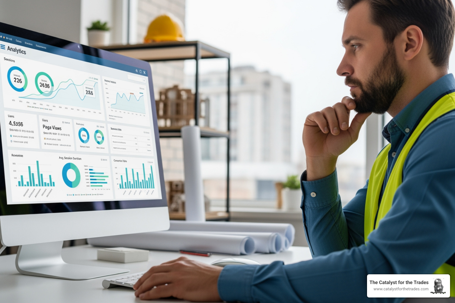 contractor reviewing website analytics - seo for contractors contractor reviewing website analytics - seo for contractors