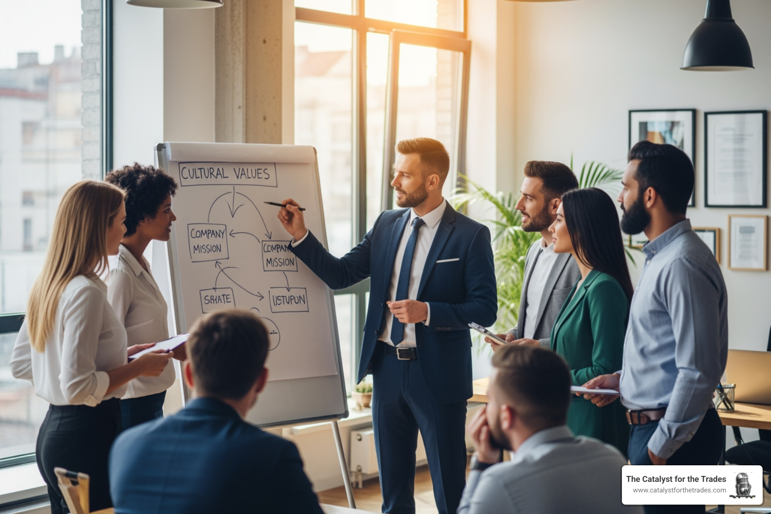 leader whiteboarding cultural values with their team - company culture development leader whiteboarding cultural values with their team - company culture development