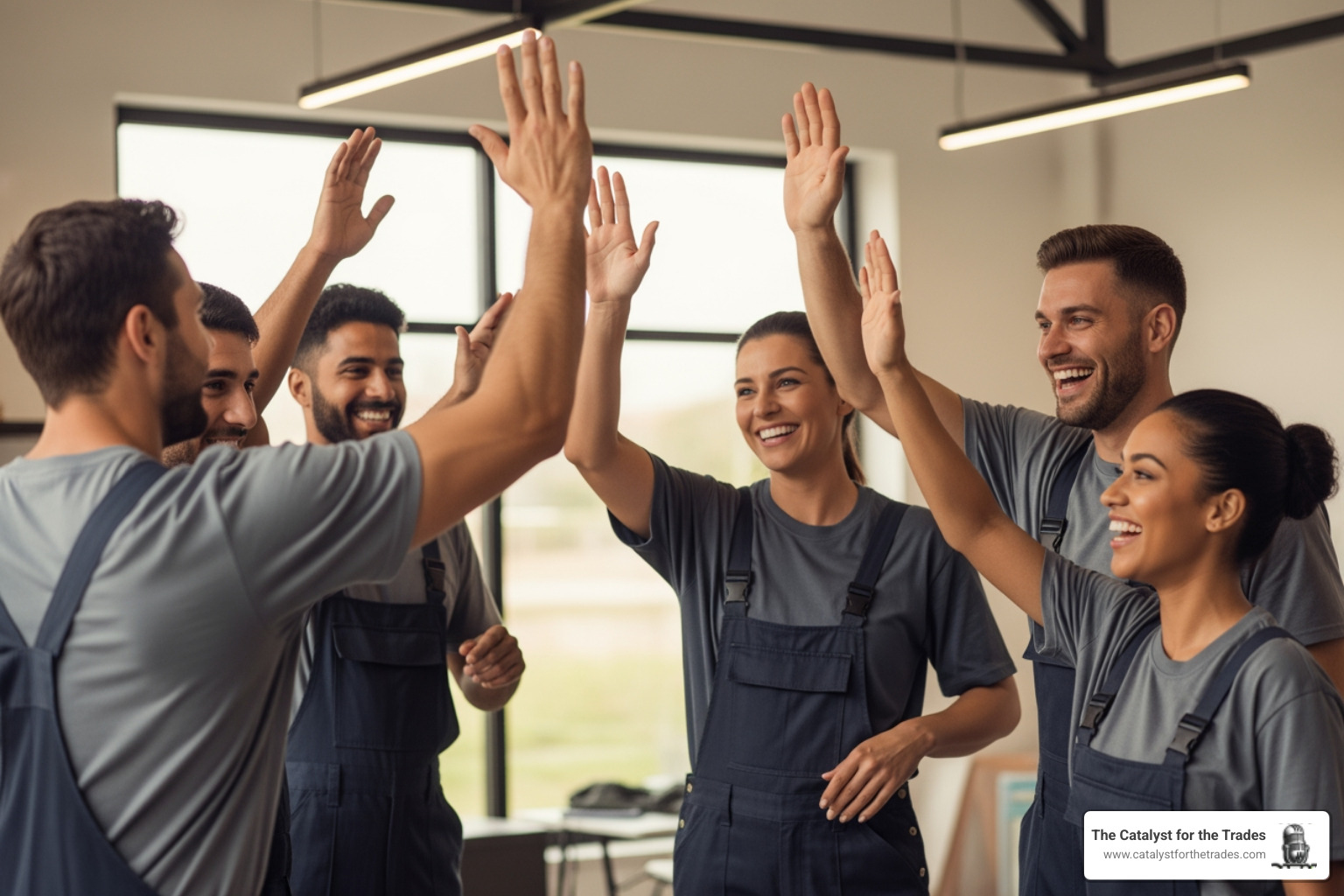 team of home services technicians celebrating a success or milestone - company culture development team of home services technicians celebrating a success or milestone - company culture development