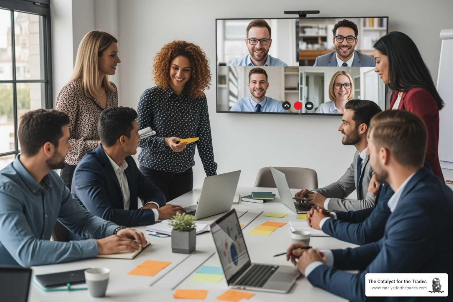 hybrid team collaborating with some members on a video call and others in a meeting room - company culture development hybrid team collaborating with some members on a video call and others in a meeting room - company culture development