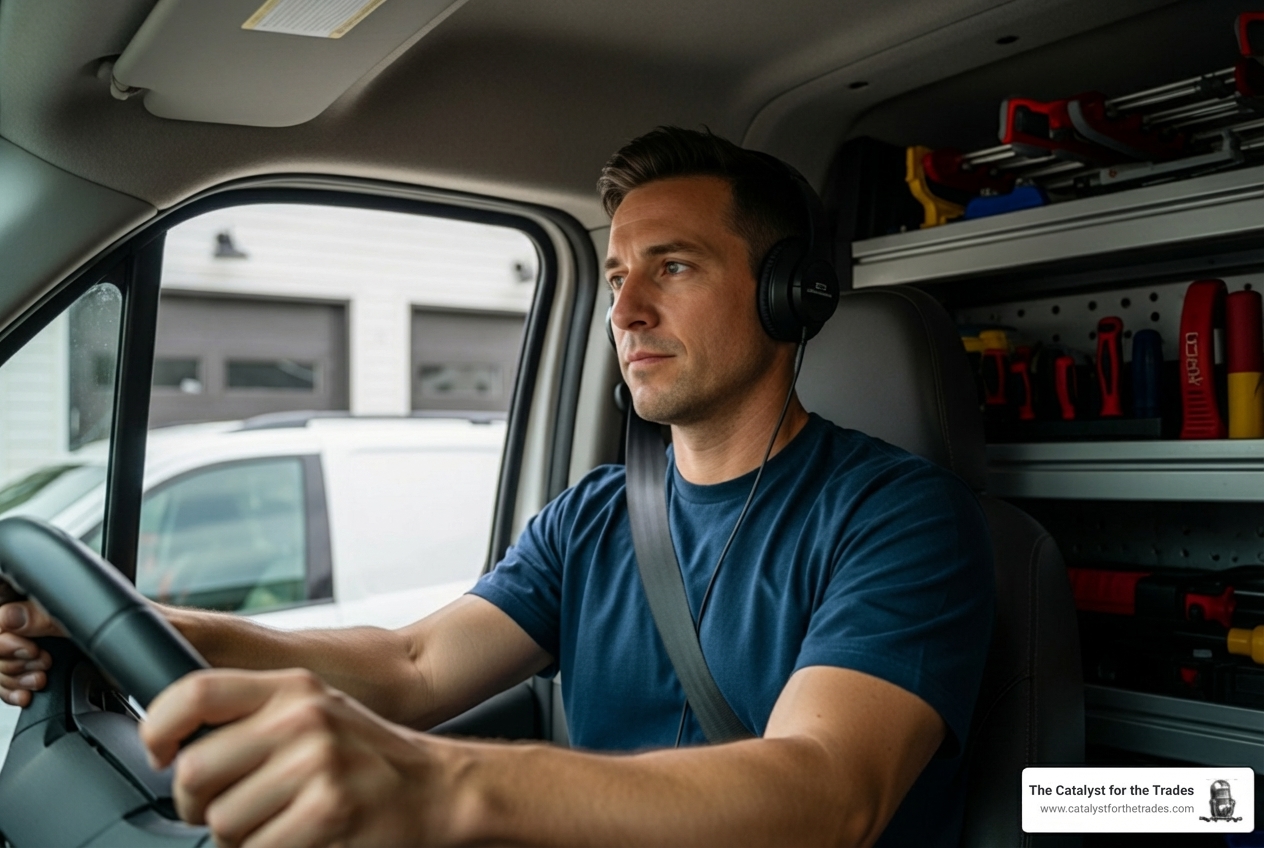 infographic showing benefits of business podcasts for home service contractors including learning while driving to job sites, gaining expert insights from successful operators, staying current with marketing trends like AI and local service ads, implementing proven systems for sales and operations, and joining supportive communities of fellow business owners - "What are the top podcasts for home service business owners?"