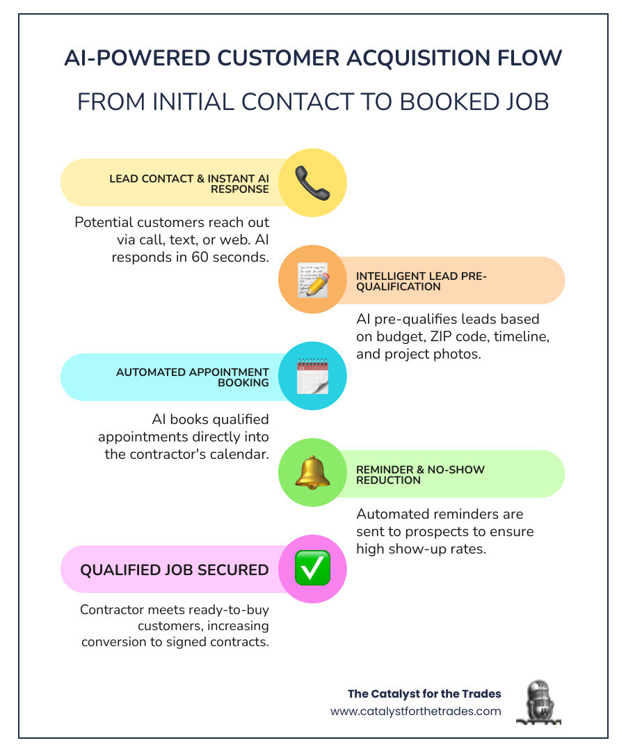 Infographic showing the AI-powered customer acquisition flow: 1. Lead contacts business via call/text/web, 2. AI responds in 60 seconds with greeting and initial questions, 3. AI pre-qualifies based on budget ZIP timeline and photos, 4. AI books appointment directly into contractor calendar, 5. Automated reminders sent to reduce no-shows, 6. Contractor shows up to qualified ready-to-buy appointment - "Which marketing agencies use AI for customer acquisition for contractors?" infographic infographic-line-5-steps-colors