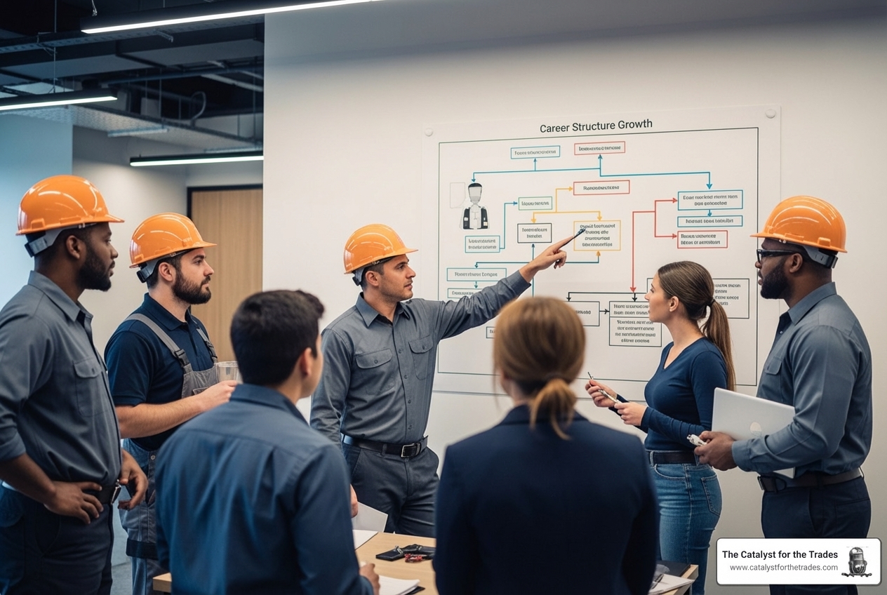 infographic showing the employee growth framework: assess current skills and goals, create personalized development plan with SMART objectives, implement with regular check-ins and feedback, track progress with metrics like retention rates and internal promotions, celebrate milestones and adjust strategy as needed - employee growth