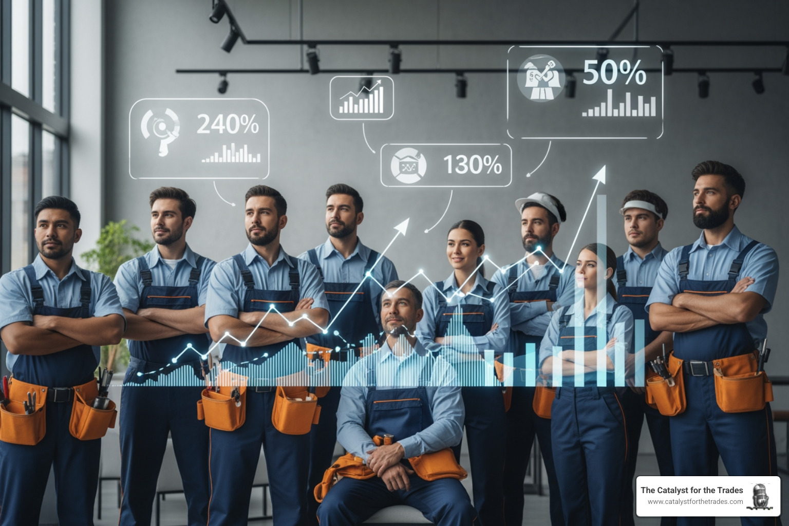 infographic showing the seven key benefits of sales process optimization for home service companies: higher conversion rates with arrows pointing upward, faster sales cycles with a clock icon, improved forecasting accuracy with a target symbol, better team performance metrics, increased customer satisfaction ratings, reduced admin time for sales reps, and predictable revenue growth illustrated with an ascending graph line - sales process optimization