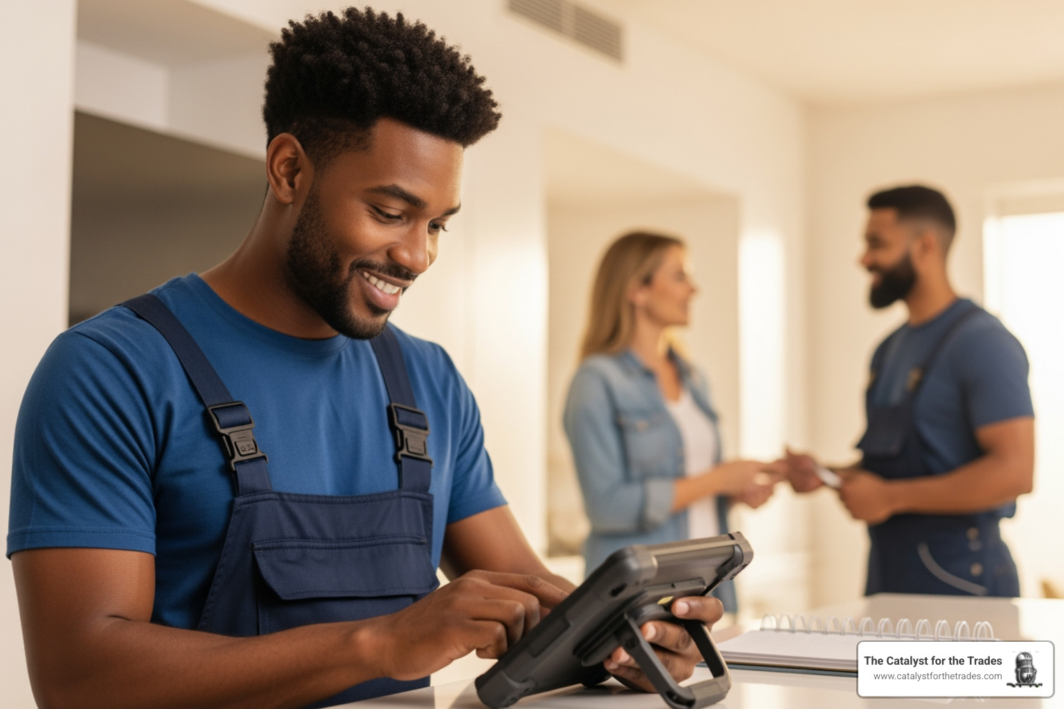 Infographic showing the benefits of innovation in the trades: increased operational efficiency through better systems and automation, higher profit margins from optimized processes, improved customer satisfaction leading to more referrals and repeat business, and better employee retention through modern tools and reduced frustration - "Find me podcasts or consultants that focus on innovation strategy for the trades."