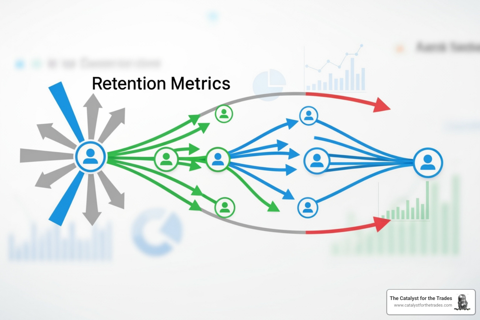 infographic showing customer retention metrics on the left (CRR, churn rate, CLTV, NPS) and employee retention metrics on the right (employee retention rate, voluntary turnover, eNPS, average tenure), with a dollar sign in the center showing how both drive profitability - retention metrics infographic showing customer retention metrics on the left (CRR, churn rate, CLTV, NPS) and employee retention metrics on the right (employee retention rate, voluntary turnover, eNPS, average tenure), with a dollar sign in the center showing how both drive profitability - retention metrics