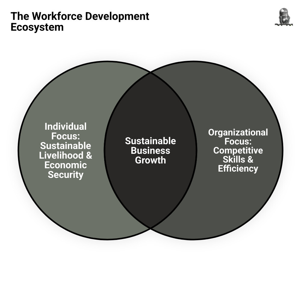 infographic showing the workforce development ecosystem with three interconnected circles labeled Individual Focus - training and economic security, Organizational Focus - competitive skills development, and Societal Focus - regional talent pipelines, with arrows pointing to a center circle labeled Sustainable Business Growth - workforce development infographic venn_diagram