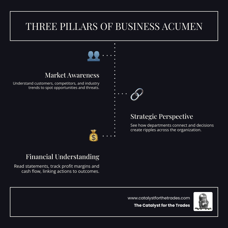 Infographic showing the three pillars of business acumen: Market Awareness (understanding customers, competitors, and industry trends), Strategic Perspective (seeing how departments connect and decisions ripple through the organization), and Financial Understanding (reading statements, tracking key metrics like profit margin and cash flow, and linking actions to financial outcomes) - business acumen infographic infographic-line-3-steps-dark Infographic showing the three pillars of business acumen: Market Awareness (understanding customers, competitors, and industry trends), Strategic Perspective (seeing how departments connect and decisions ripple through the organization), and Financial Understanding (reading statements, tracking key metrics like profit margin and cash flow, and linking actions to financial outcomes) - business acumen infographic infographic-line-3-steps-dark