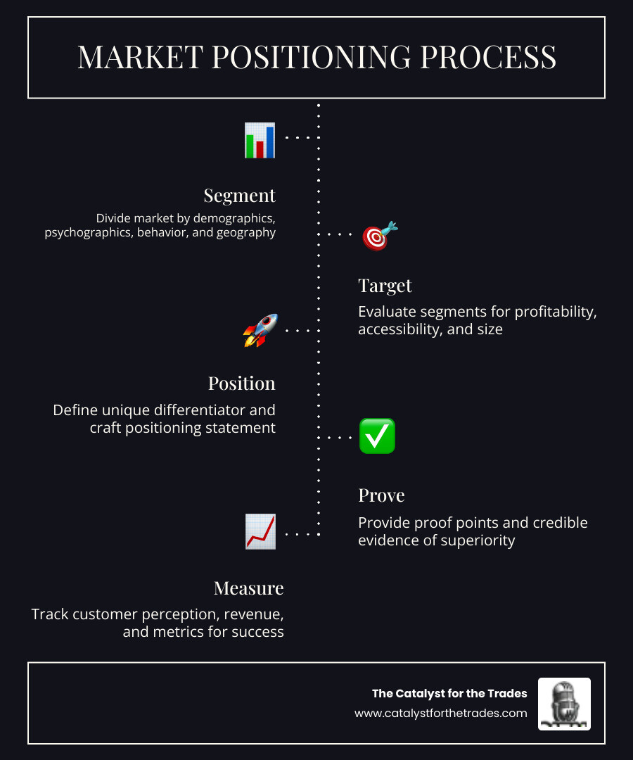 Infographic showing the market positioning process: Step 1 - Segment your market by demographics, behavior, and needs. Step 2 - Target the most profitable and accessible segments. Step 3 - Position your brand with a clear differentiator and proof points. Step 4 - Measure success through customer perception and revenue metrics. - market positioning infographic infographic-line-5-steps-dark Infographic showing the market positioning process: Step 1 - Segment your market by demographics, behavior, and needs. Step 2 - Target the most profitable and accessible segments. Step 3 - Position your brand with a clear differentiator and proof points. Step 4 - Measure success through customer perception and revenue metrics. - market positioning infographic infographic-line-5-steps-dark