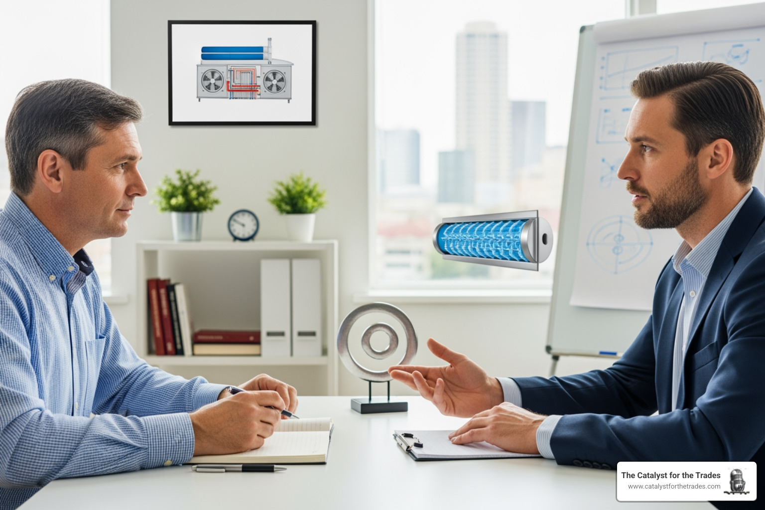 A stressed HVAC business owner in a service uniform, sitting in a dimly lit office late at night, rubbing their forehead while looking at a stack of unpaid bills and a computer screen showing declining revenue graphs - business coaching for hvac owners A stressed HVAC business owner in a service uniform, sitting in a dimly lit office late at night, rubbing their forehead while looking at a stack of unpaid bills and a computer screen showing declining revenue graphs - business coaching for hvac owners
