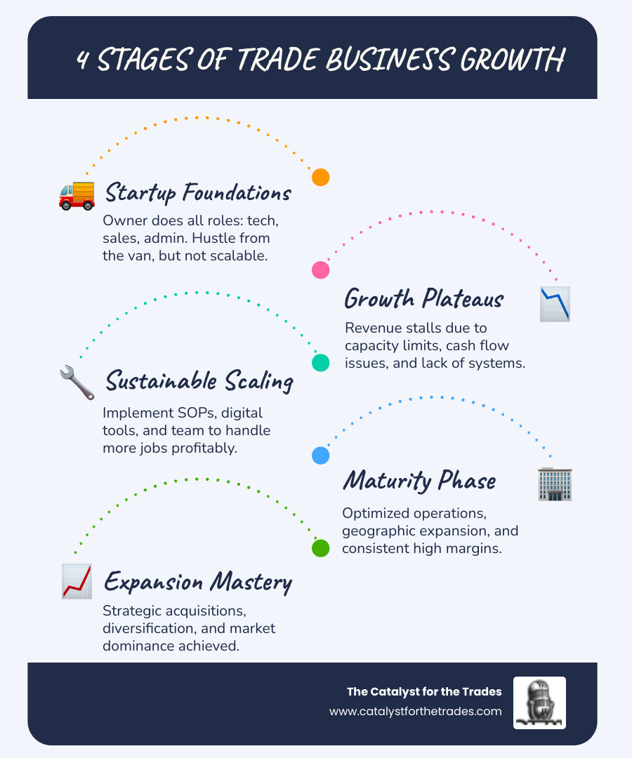 Infographic showing four stages of trade business growth with key strategies and challenges at each stage - business Infographic showing four stages of trade business growth with key strategies and challenges at each stage - business