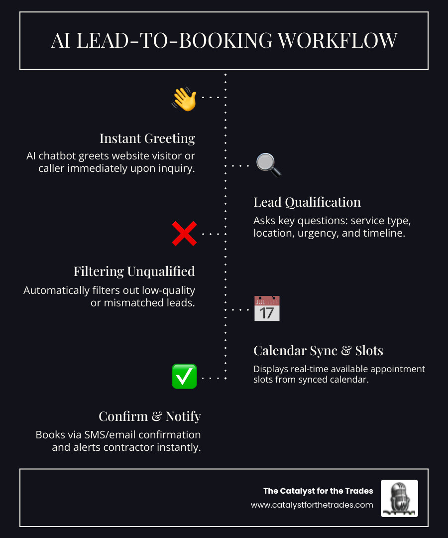Infographic showing the AI lead-to-booking workflow for contractors: a website visitor or caller triggers the AI chatbot, which instantly greets and qualifies the lead by asking about service type, location, and timeline, then filters out unqualified inquiries, presents available appointment slots from a synced calendar, confirms the booking via SMS or email, and notifies the contractor in real time — all without human intervention, displayed as a horizontal step-by-step flowchart with icons for each stage - ai chatbots for contractors infographic infographic-line-5-steps-dark