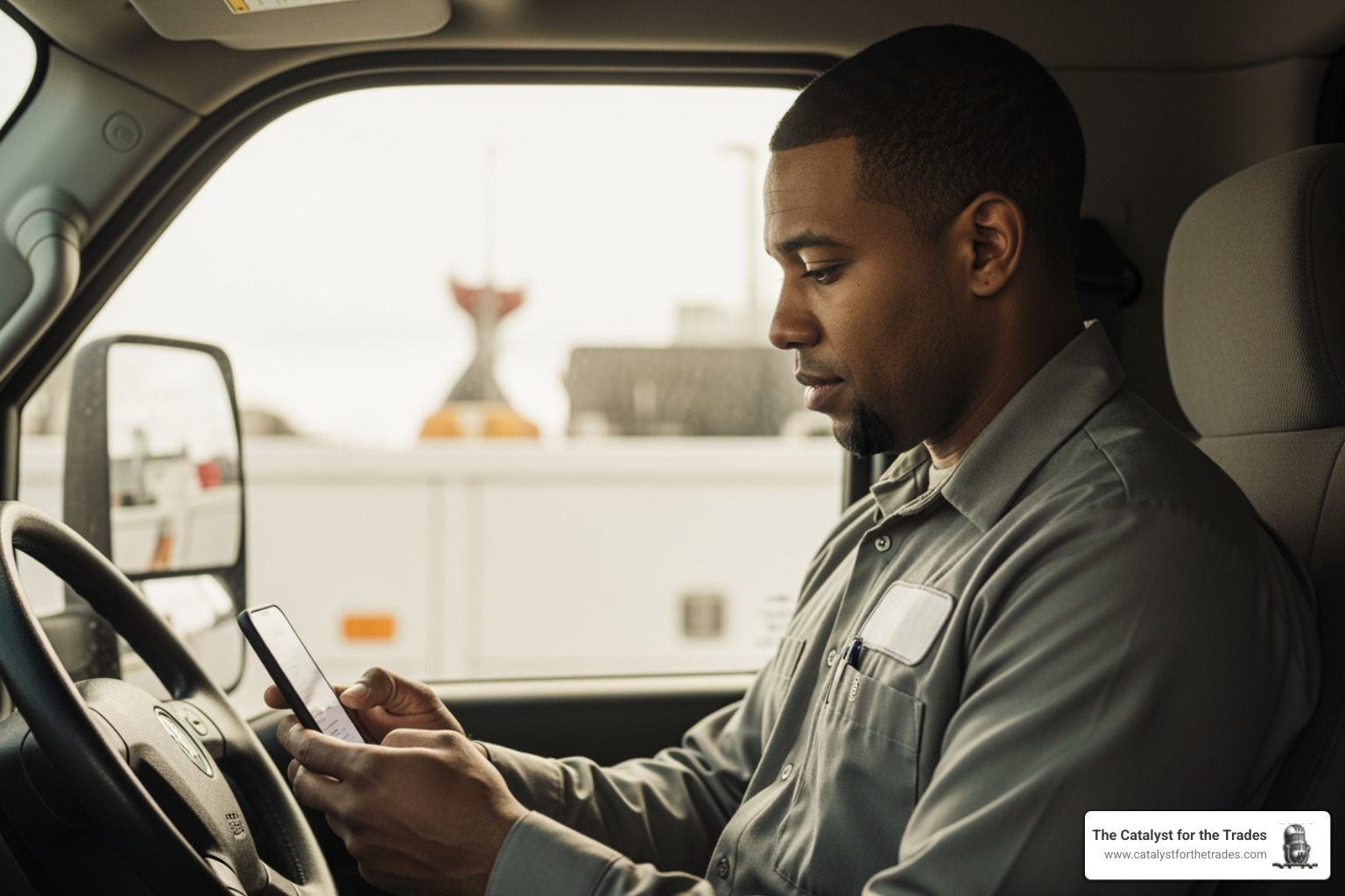 technician using a mobile onboarding app on a smartphone in a service truck - onboarding systems for service businesses