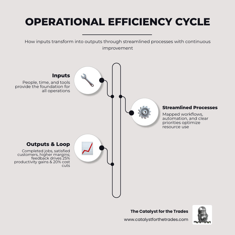 Infographic showing the operational efficiency cycle for home service businesses: inputs (people, time, tools) flow into streamlined processes (mapped workflows, automation, clear priorities), which produce outputs (completed jobs, satisfied customers, higher margins), with a continuous improvement loop feeding back into the process — each stage labeled with key stats: 27% skill-matched work time, 25% productivity gain, 20% cost reduction - improving operational efficiency infographic infographic-line-3-steps-elegant_beige Infographic showing the operational efficiency cycle for home service businesses: inputs (people, time, tools) flow into streamlined processes (mapped workflows, automation, clear priorities), which produce outputs (completed jobs, satisfied customers, higher margins), with a continuous improvement loop feeding back into the process — each stage labeled with key stats: 27% skill-matched work time, 25% productivity gain, 20% cost reduction - improving operational efficiency infographic infographic-line-3-steps-elegant_beige