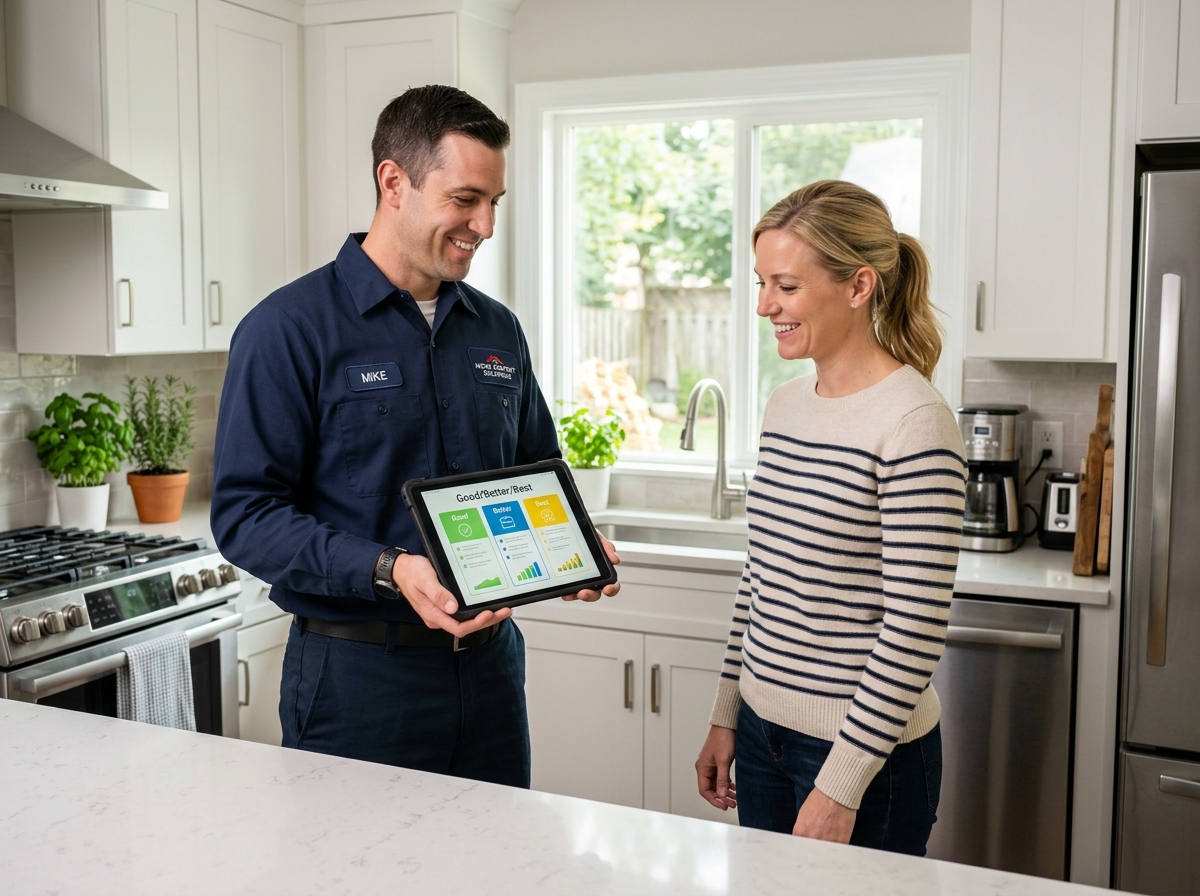 A technician using a tablet to show a Good/Better/Best comparison to a homeowner - improving technician sales performance